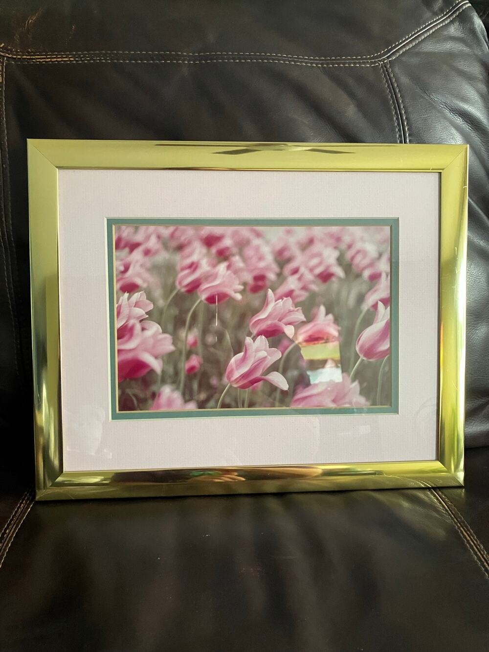 Pink Tulip Floral Print Custom Framed Brass Frame Double Mat Vintage Wall Art